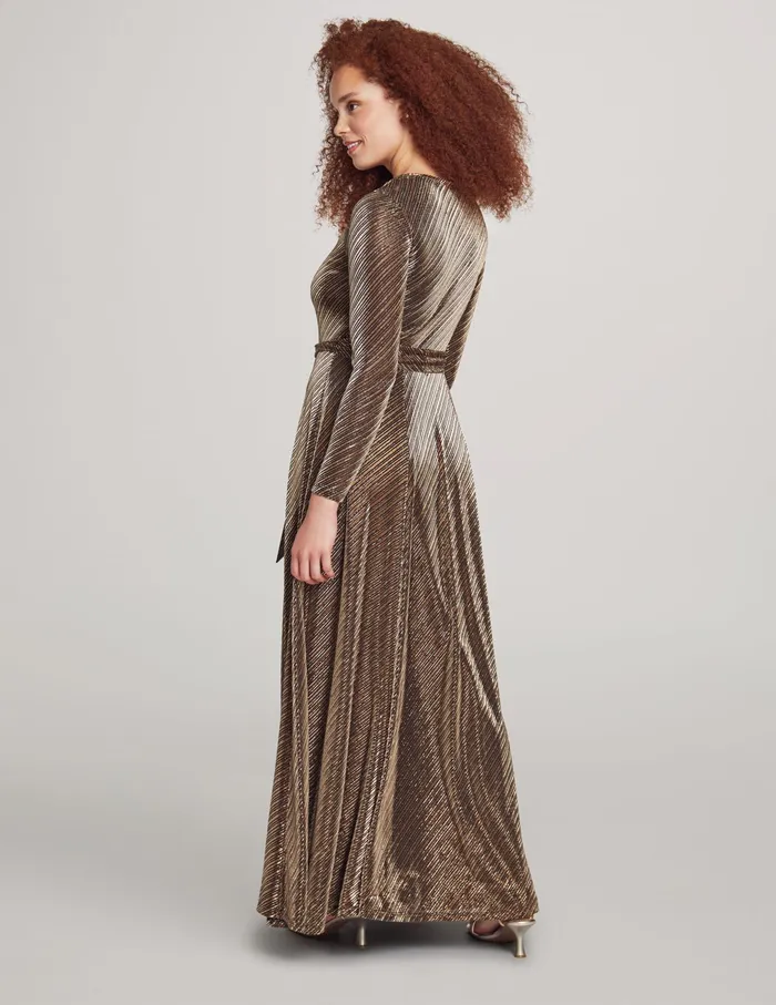 Anne Klein Printed Mesh Long Sleeve Maxi Dress Gold Women Clothing