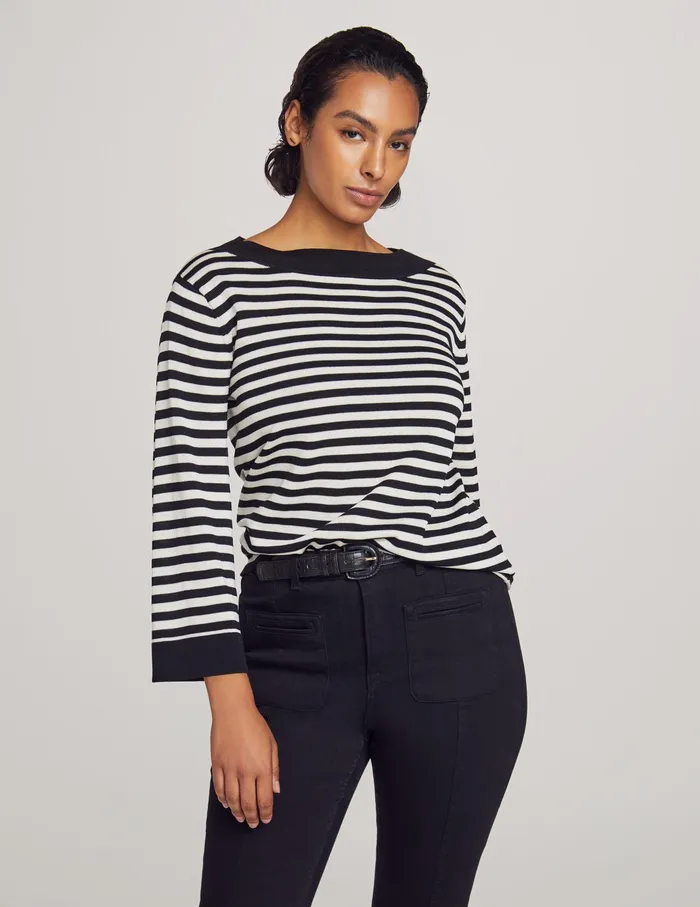 Anne Klein Striped Boat Neck Sweater With Contrast Trim Anne Black Women Clothing
