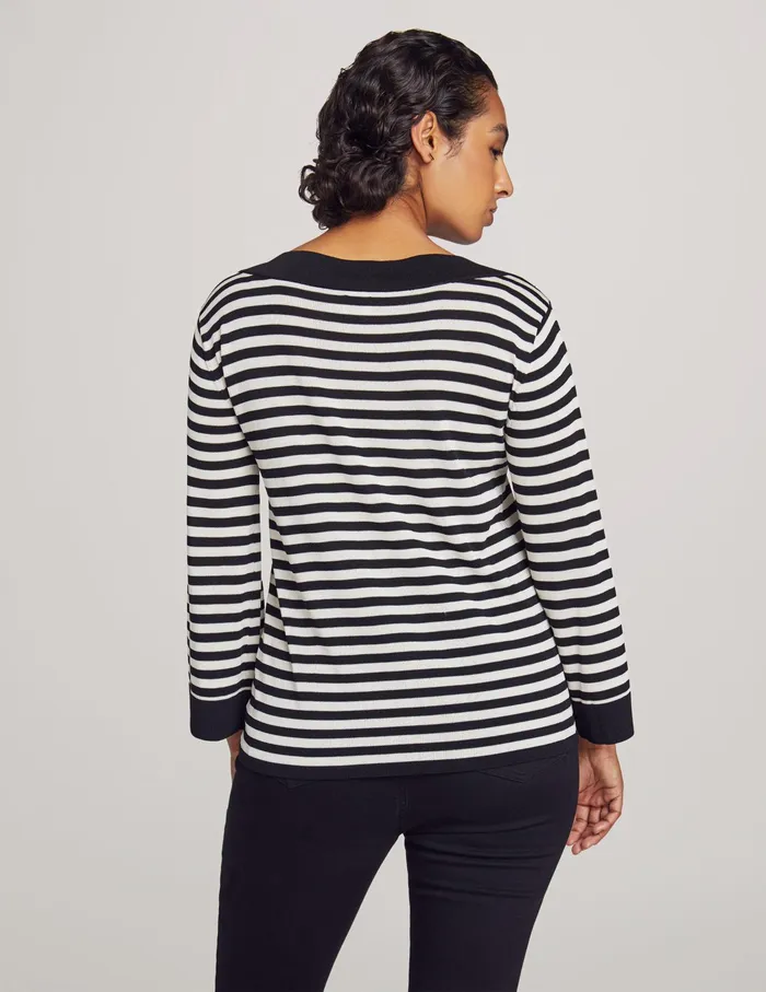 Anne Klein Striped Boat Neck Sweater With Contrast Trim Anne Black Women Clothing