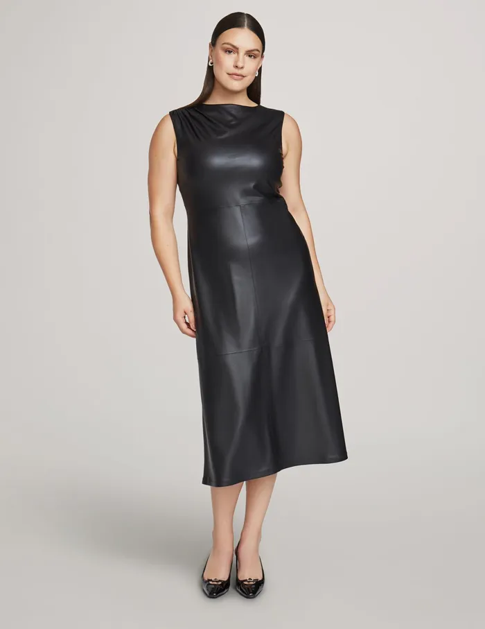 Anne Klein Vegan Leather Shirred Shoulder Midi Dress Anne Black Women Clothing