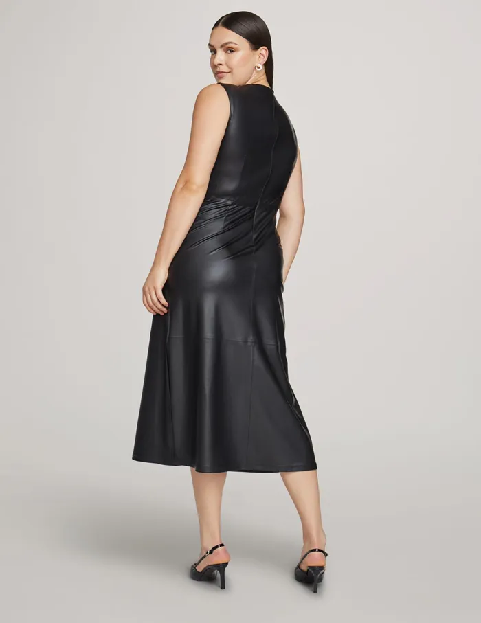 Anne Klein Vegan Leather Shirred Shoulder Midi Dress Anne Black Women Clothing