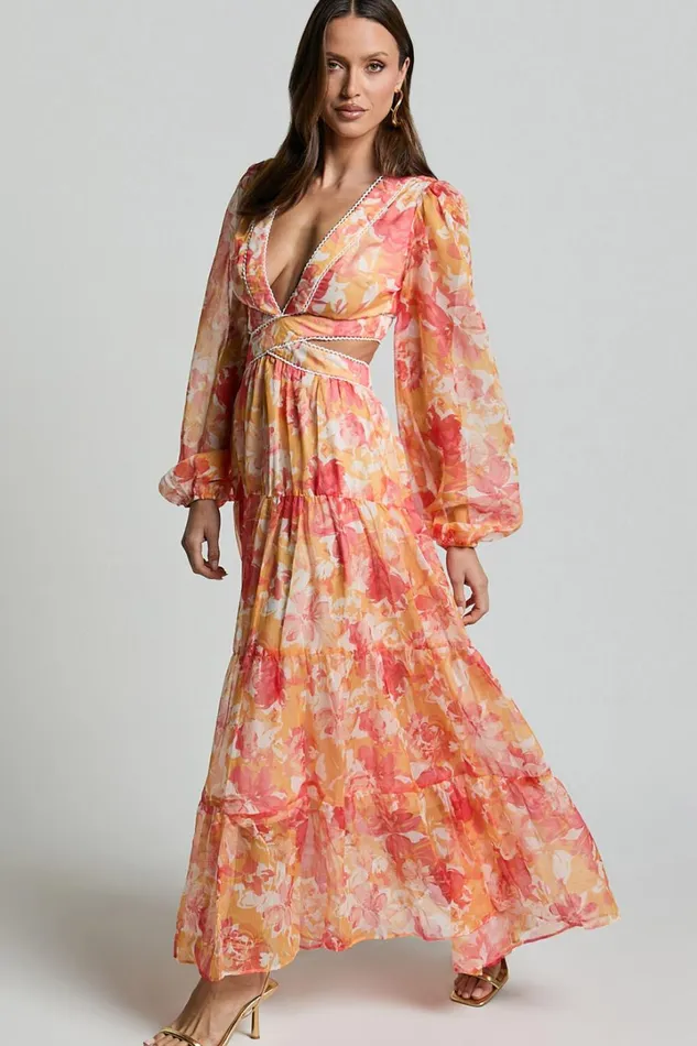 Anthea Midi Dress 8211 V Neck Cut Out Tiered Dress In Yellow Print Women Showpo Dresses
