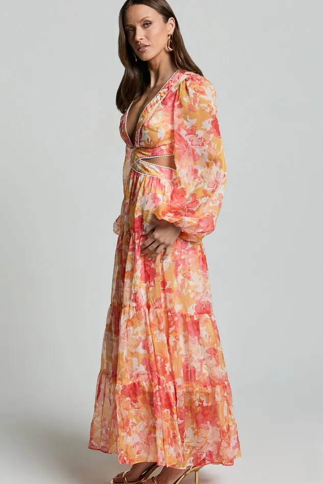 Anthea Midi Dress 8211 V Neck Cut Out Tiered Dress In Yellow Print Women Showpo Dresses