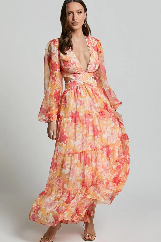 Anthea Midi Dress 8211 V Neck Cut Out Tiered Dress In Yellow Print Women Showpo Dresses