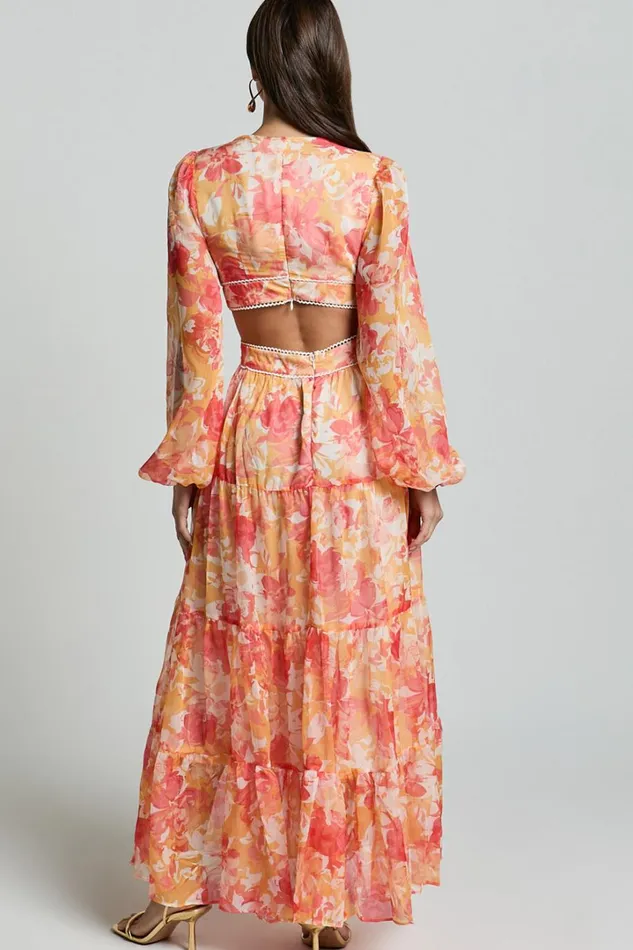 Anthea Midi Dress 8211 V Neck Cut Out Tiered Dress In Yellow Print Women Showpo Dresses