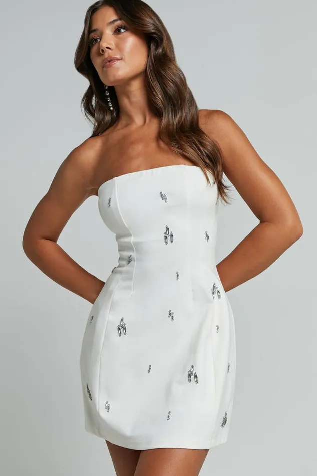 Anziel Mini Dress 8211 Strapless Structured Cluster Embellishment Dress In White Women Showpo Dresses