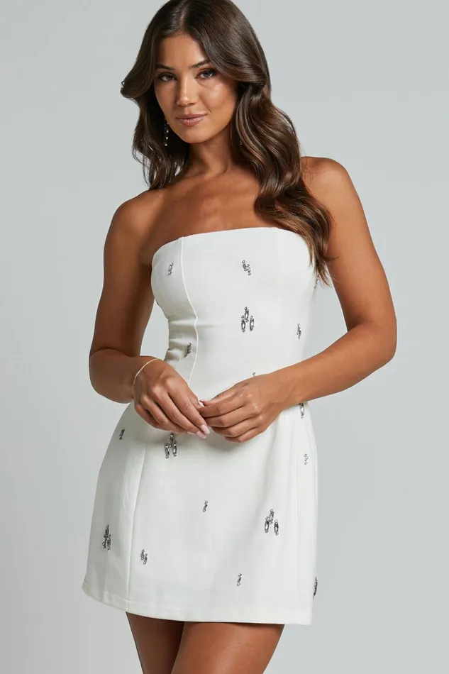 Anziel Mini Dress 8211 Strapless Structured Cluster Embellishment Dress In White Women Showpo Dresses