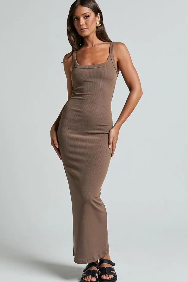 Archiena Maxi Dress 8211 Scoop Neck Sleeveless Ribbed Singlet Dress In Mocha Women Showpo Basics