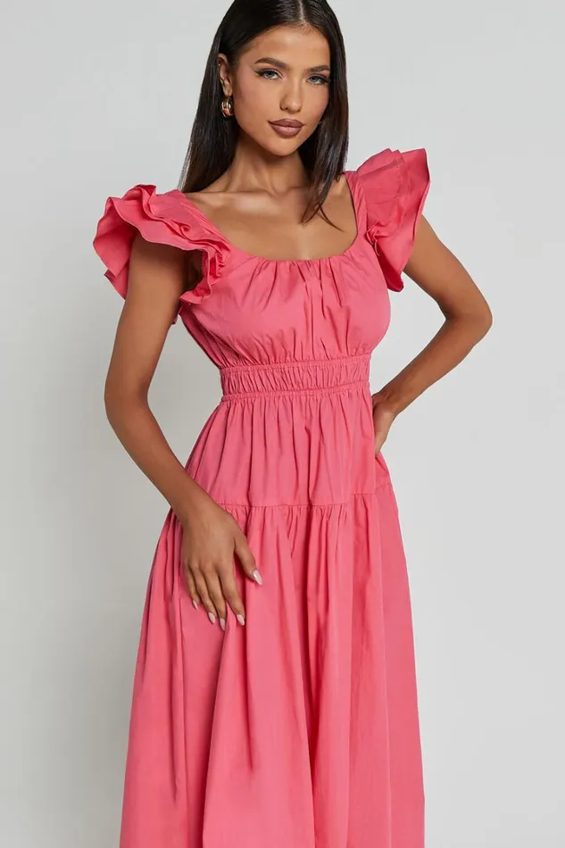 Arlene Midi Dress 8211 Square Neck Shoulder Frill Tiered Dress In Berry Women Showpo Conscious