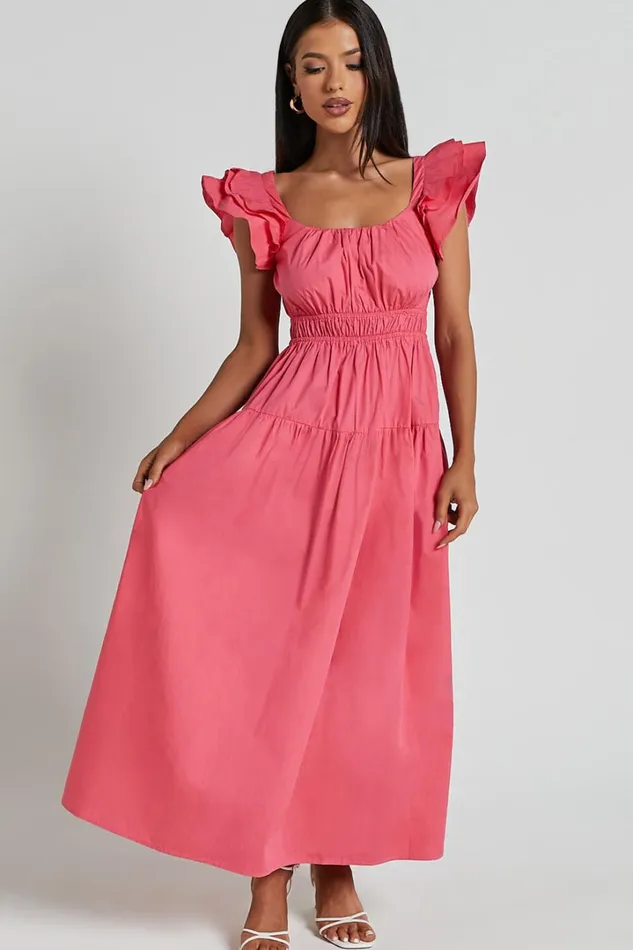 Arlene Midi Dress 8211 Square Neck Shoulder Frill Tiered Dress In Berry Women Showpo Conscious