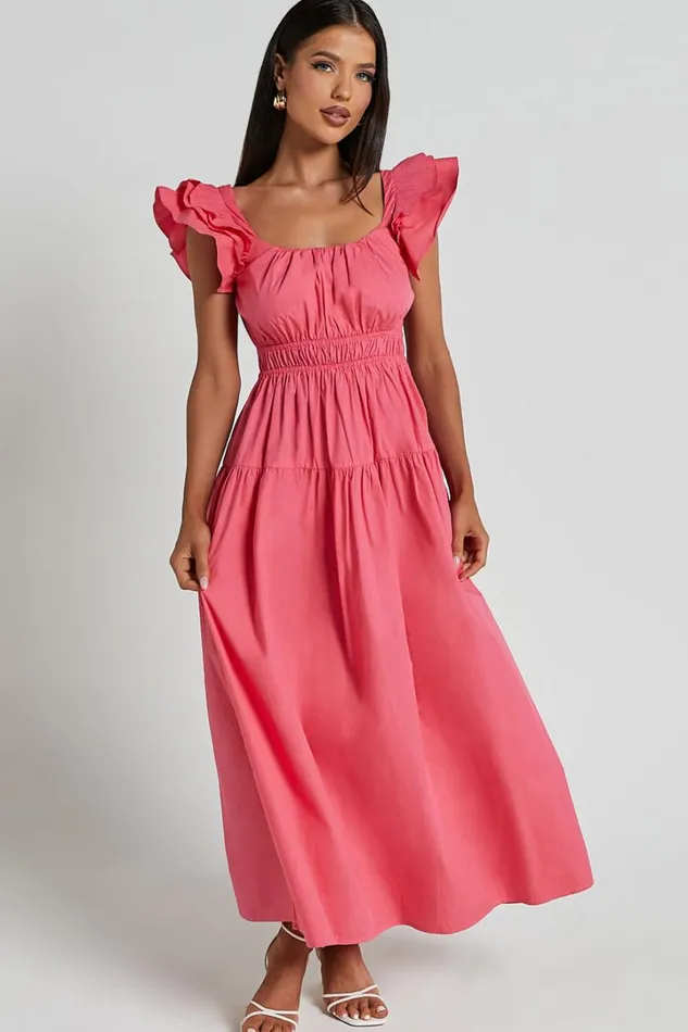 Arlene Midi Dress 8211 Square Neck Shoulder Frill Tiered Dress In Berry Women Showpo Conscious