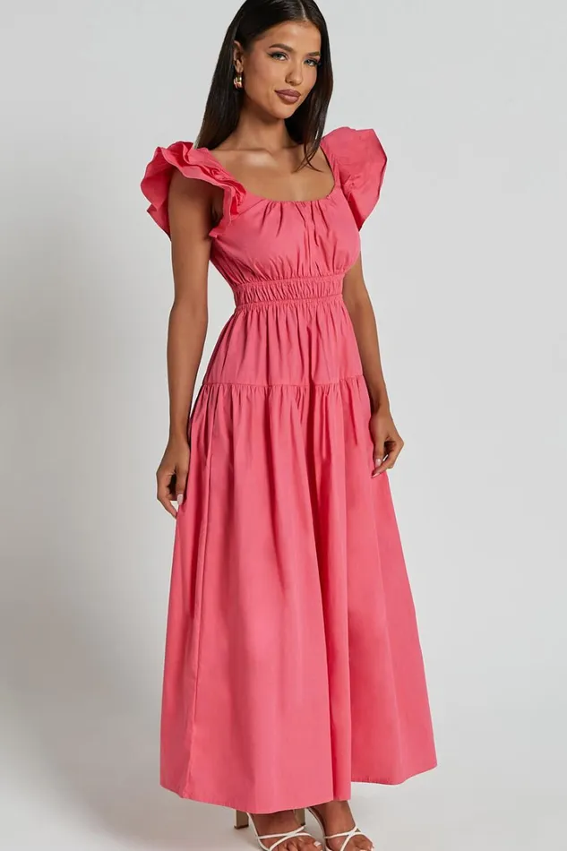 Arlene Midi Dress 8211 Square Neck Shoulder Frill Tiered Dress In Berry Women Showpo Conscious