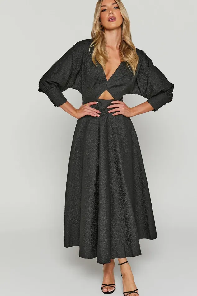 Ashtina Midi Dress 8211 V Neck Cut Out Puff Sleeve Dress In Black Women Showpo Dresses