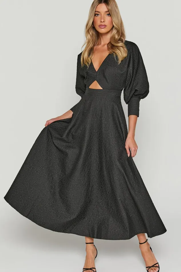 Ashtina Midi Dress 8211 V Neck Cut Out Puff Sleeve Dress In Black Women Showpo Dresses