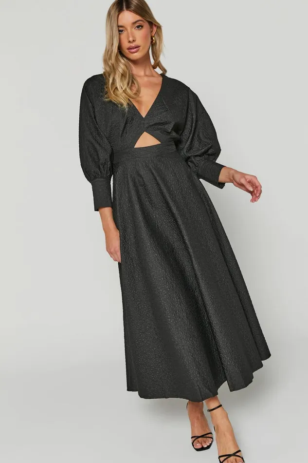 Ashtina Midi Dress 8211 V Neck Cut Out Puff Sleeve Dress In Black Women Showpo Dresses