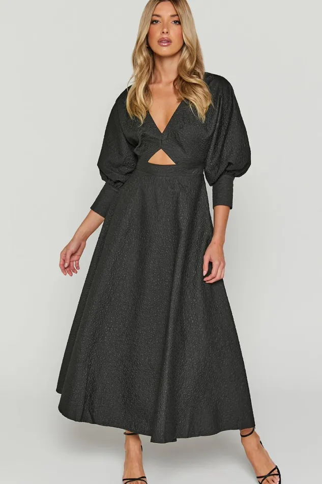 Ashtina Midi Dress 8211 V Neck Cut Out Puff Sleeve Dress In Black Women Showpo Dresses