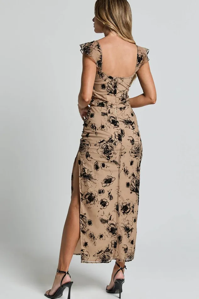 Athena Top 8211 Floral Mesh Flutter Sleeve Lace Trim Corset Top In Brown And Black Burnout Women Showpo Tops