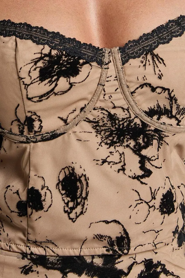 Athena Top 8211 Floral Mesh Flutter Sleeve Lace Trim Corset Top In Brown And Black Burnout Women Showpo Tops