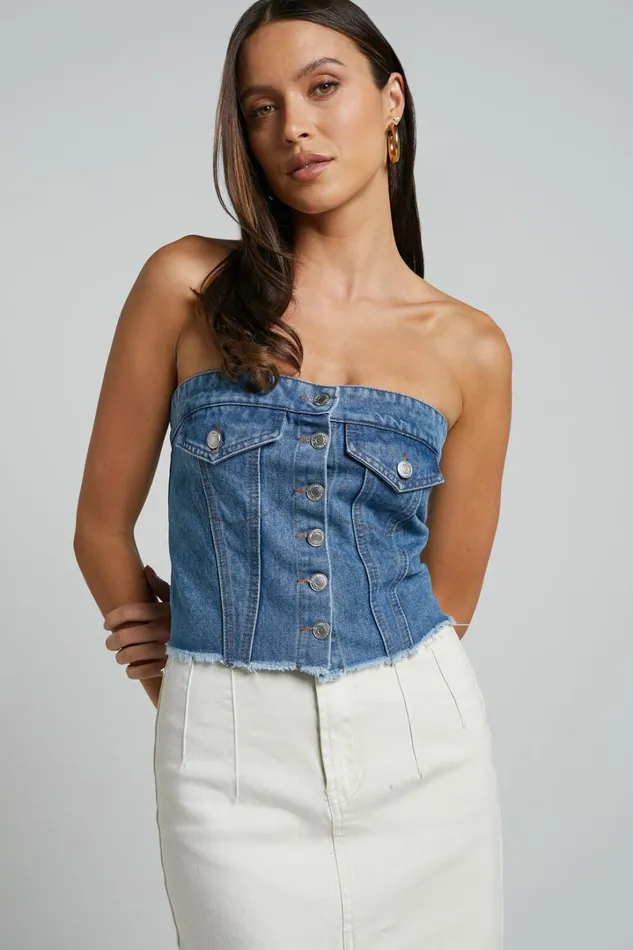Aubrielle Bustier 8211 Denim Bustier With Pocket Details In Mid Blue Wash Women Showpo Denim Aubrielle Bustier 8211 Denim Bustier With Pocket Details In Mid Blue Wash Women Showpo Denim