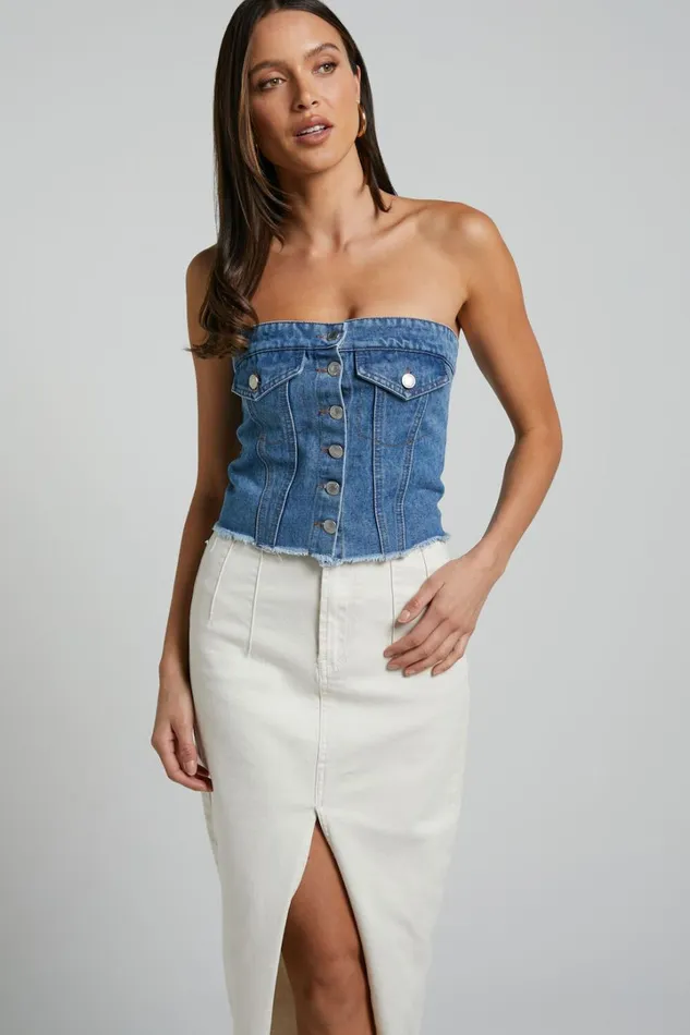 Aubrielle Bustier 8211 Denim Bustier With Pocket Details In Mid Blue Wash Women Showpo Denim