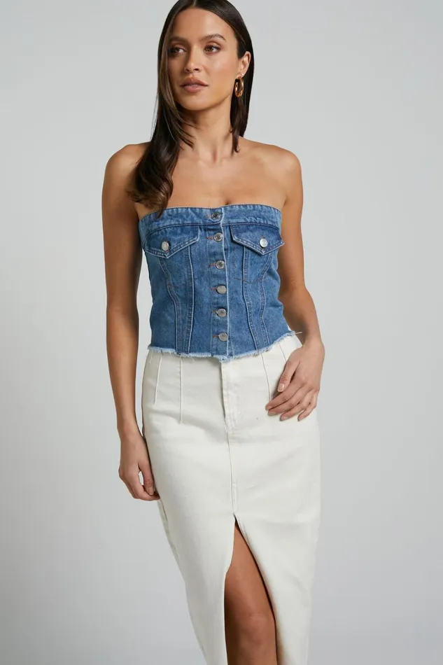 Aubrielle Bustier 8211 Denim Bustier With Pocket Details In Mid Blue Wash Women Showpo Denim