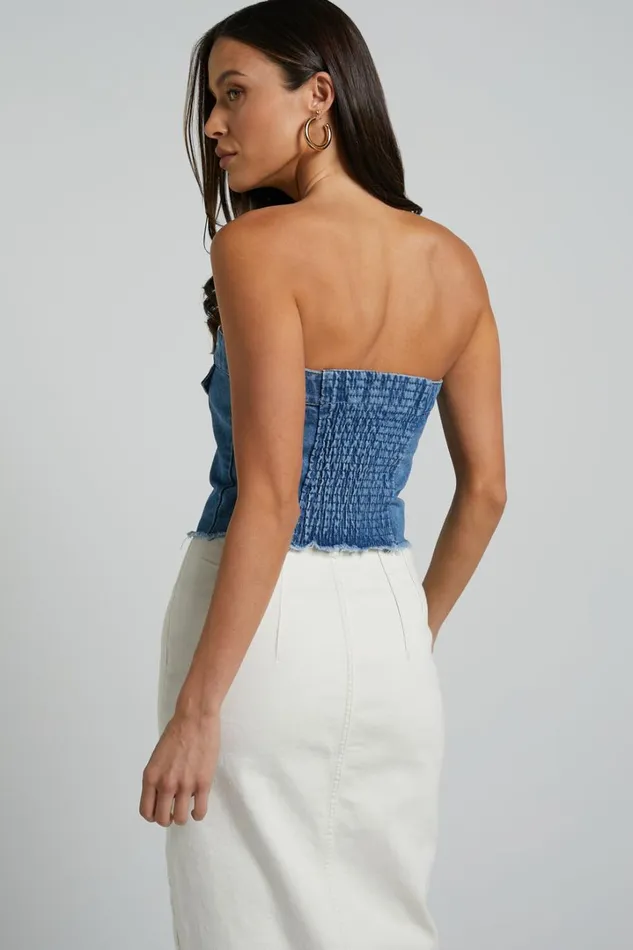 Aubrielle Bustier 8211 Denim Bustier With Pocket Details In Mid Blue Wash Women Showpo Denim