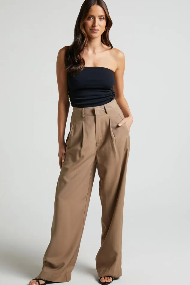 Augustus Pants 8211 High Waisted Wide Leg Tailored Pants In Latte Women Showpo Curve Clothes
