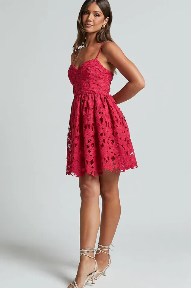 Auriana Mini Dress 8211 Sweetheart Fit and Flare Lace Dress In Red Women Showpo Dresses