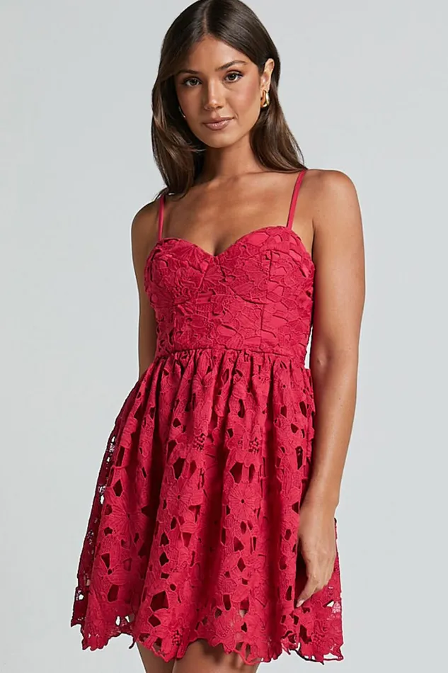 Auriana Mini Dress 8211 Sweetheart Fit and Flare Lace Dress In Red Women Showpo Dresses