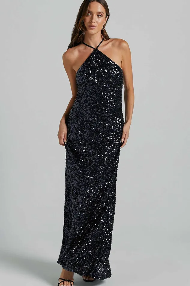 Aurora Maxi Dress 8211 Halter Neck Bodycon Sequin In Navy Women Showpo Dresses