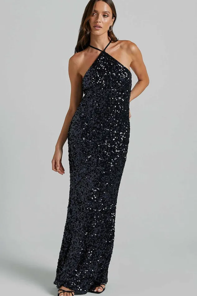 Aurora Maxi Dress 8211 Halter Neck Bodycon Sequin In Navy Women Showpo Dresses