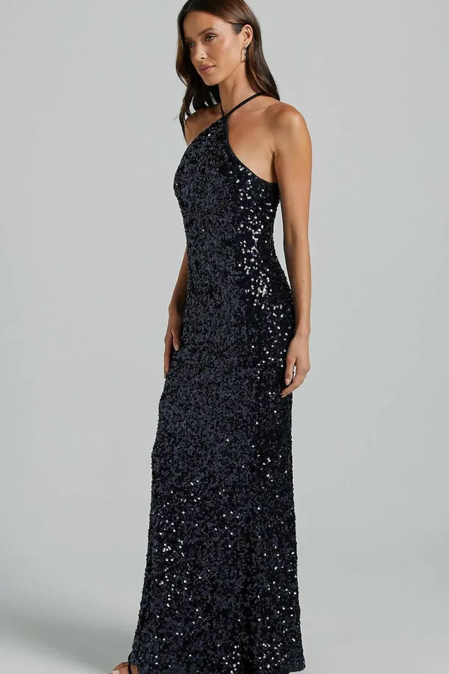 Aurora Maxi Dress 8211 Halter Neck Bodycon Sequin In Navy Women Showpo Dresses