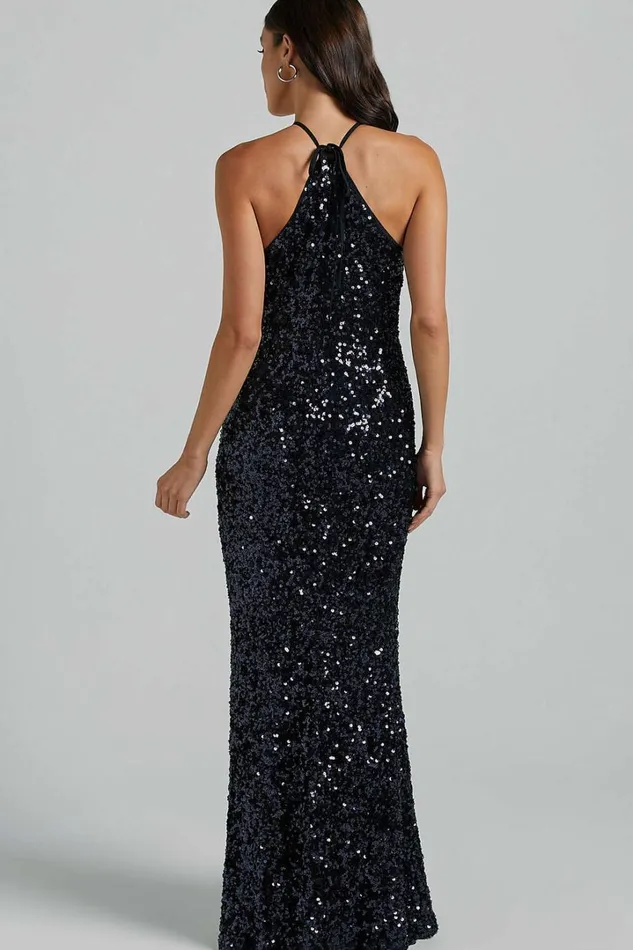 Aurora Maxi Dress 8211 Halter Neck Bodycon Sequin In Navy Women Showpo Dresses