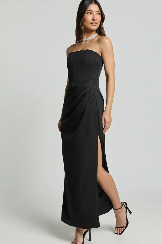 Avery Midi Dress 8211 Strapless Draped Side Split Dress In Black Women Showpo Dresses