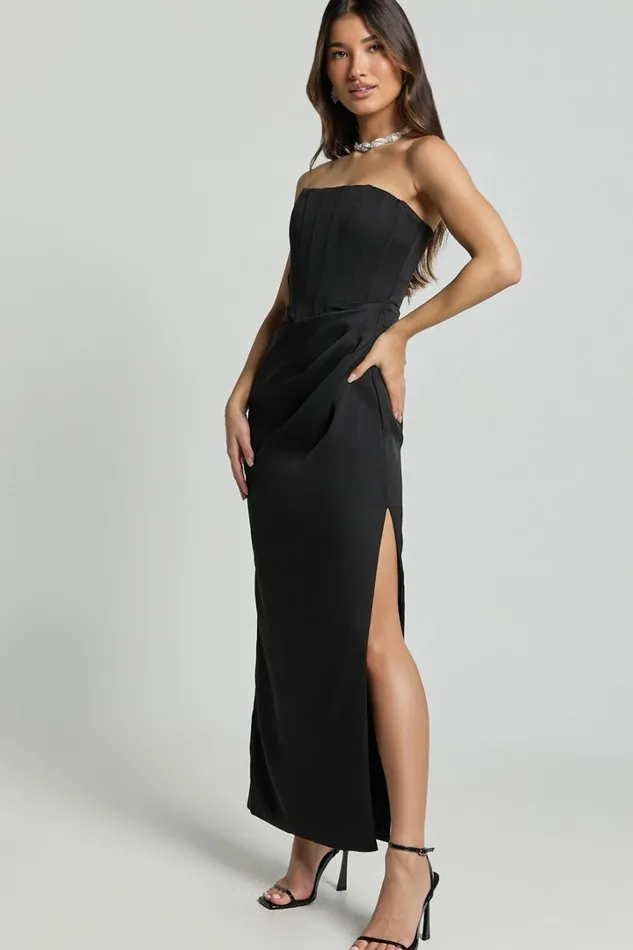 Avery Midi Dress 8211 Strapless Draped Side Split Dress In Black Women Showpo Dresses