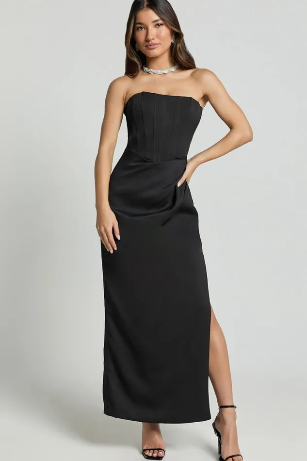 Avery Midi Dress 8211 Strapless Draped Side Split Dress In Black Women Showpo Dresses