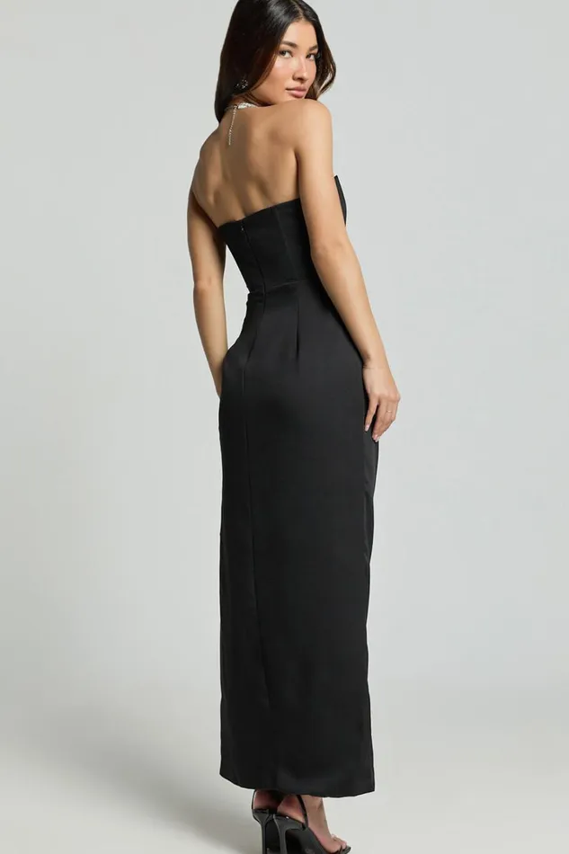Avery Midi Dress 8211 Strapless Draped Side Split Dress In Black Women Showpo Dresses