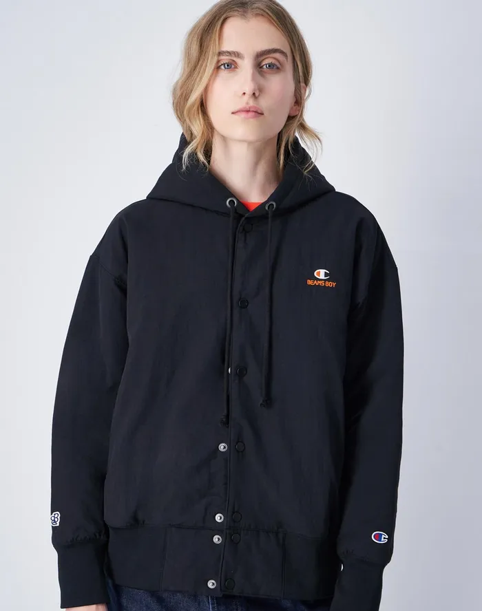 Beams Boy Reverse Weave Quilted Jacket C Logo Black Women Champion Jackets
