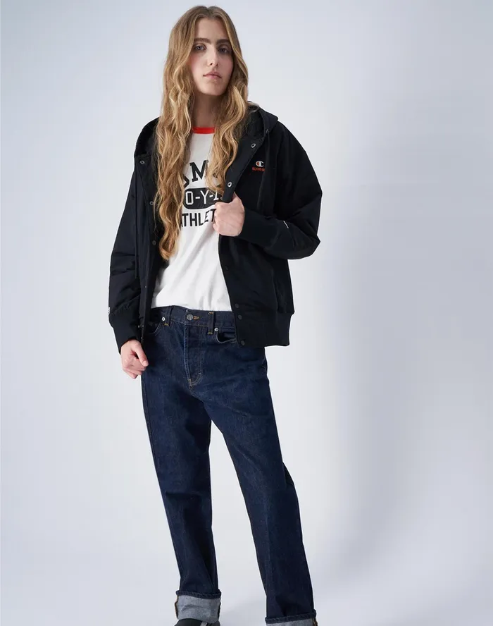 Beams Boy Reverse Weave Quilted Jacket C Logo Black Women Champion Jackets