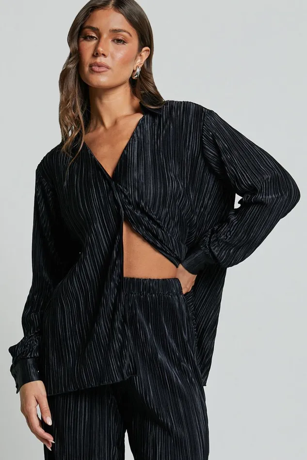 Beca Shirt 8211 Plisse Button Up Shirt In Black Women Showpo Curve Clothes