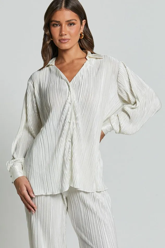 Beca Shirt 8211 Plisse Button Up Shirt In Cream Women Showpo Tops