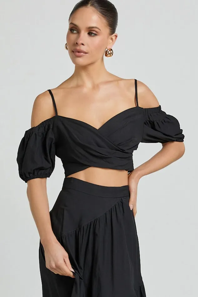 Bella Top 8211 Off Shoulder Cross Over Puff Sleeve Crop Top In Black Women Showpo Tops