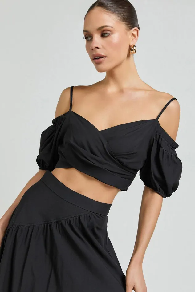 Bella Top 8211 Off Shoulder Cross Over Puff Sleeve Crop Top In Black Women Showpo Tops
