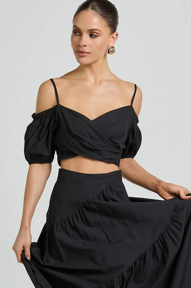 Bella Top 8211 Off Shoulder Cross Over Puff Sleeve Crop Top In Black Women Showpo Tops