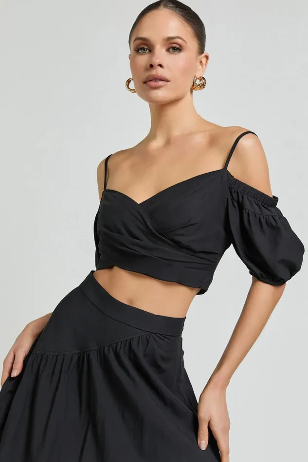 Bella Top 8211 Off Shoulder Cross Over Puff Sleeve Crop Top In Black Women Showpo Tops