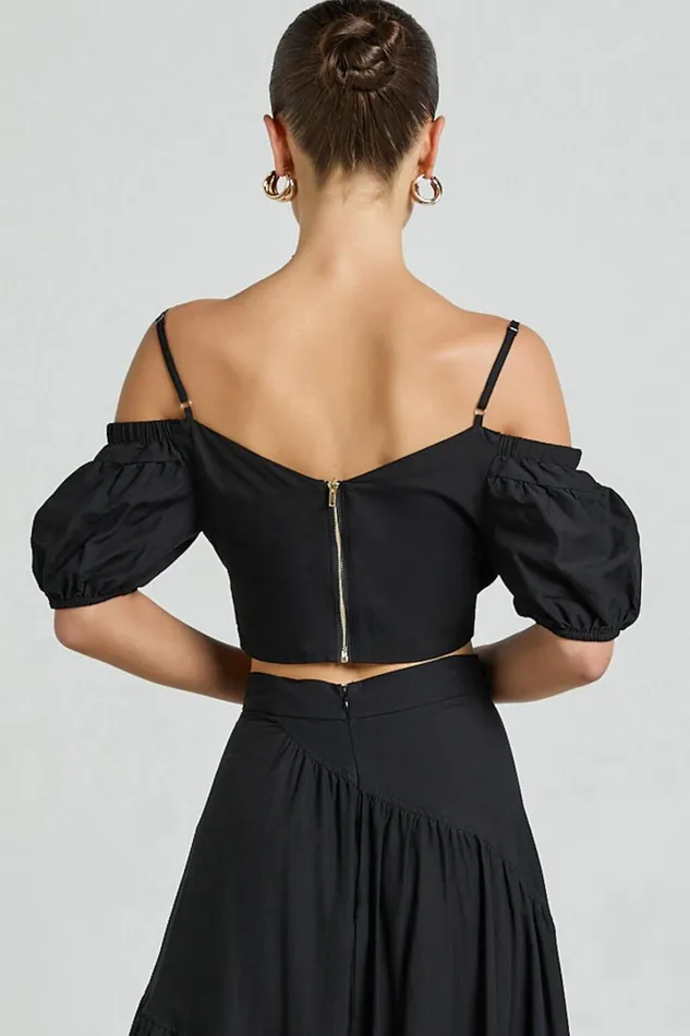 Bella Top 8211 Off Shoulder Cross Over Puff Sleeve Crop Top In Black Women Showpo Tops