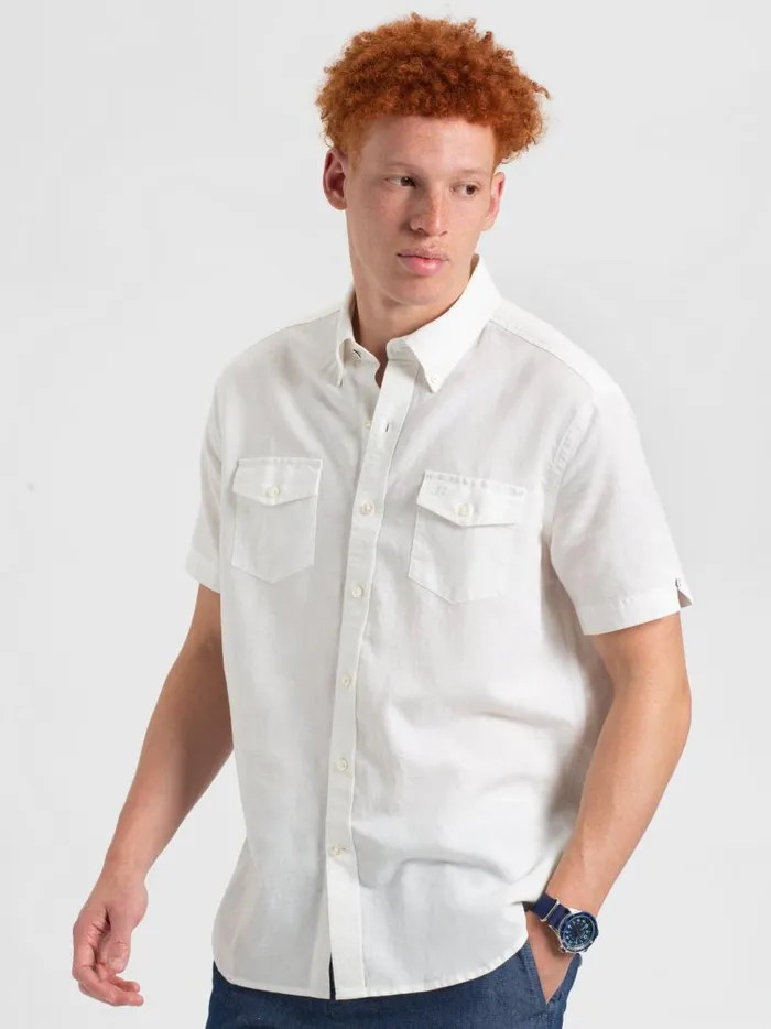 Ben Sherman Short Sleeve Shirts Men Garment Dye ShortSleeve Linen Shirt 8211 White