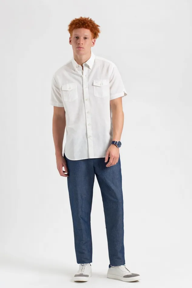 Ben Sherman Short Sleeve Shirts Men Garment Dye ShortSleeve Linen Shirt 8211 White