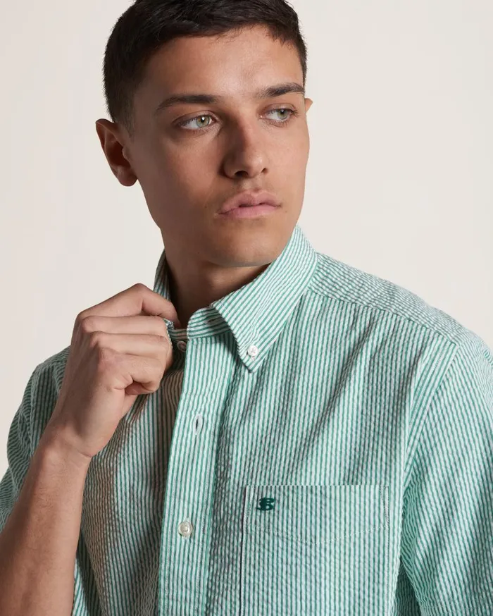 Ben Sherman Short Sleeve Shirts Men Seersucker Short Sleeve Bengal Stripe Shirt 8211 GreenEcru Ben Sherman Short Sleeve Shirts Men Seersucker Short Sleeve Bengal Stripe Shirt 8211 GreenEcru