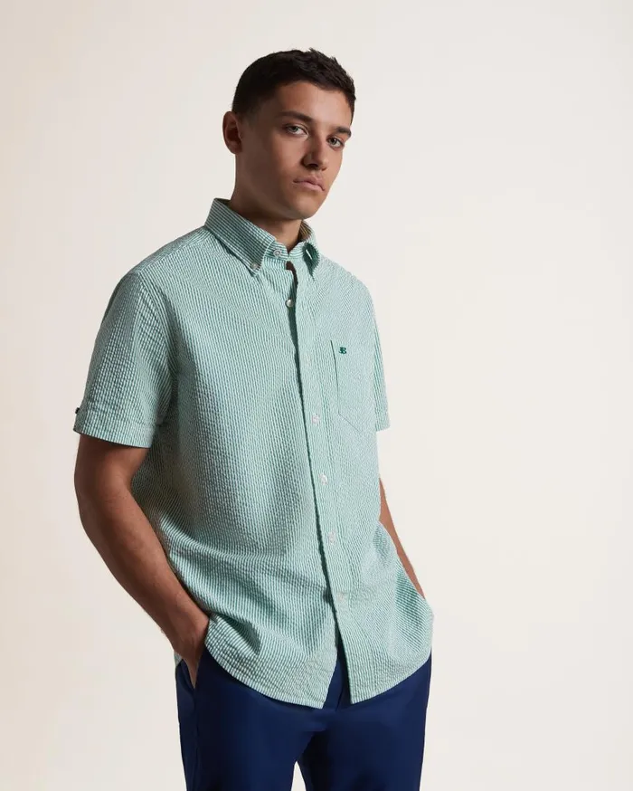 Ben Sherman Short Sleeve Shirts Men Seersucker Short Sleeve Bengal Stripe Shirt 8211 GreenEcru Ben Sherman Short Sleeve Shirts Men Seersucker Short Sleeve Bengal Stripe Shirt 8211 GreenEcru